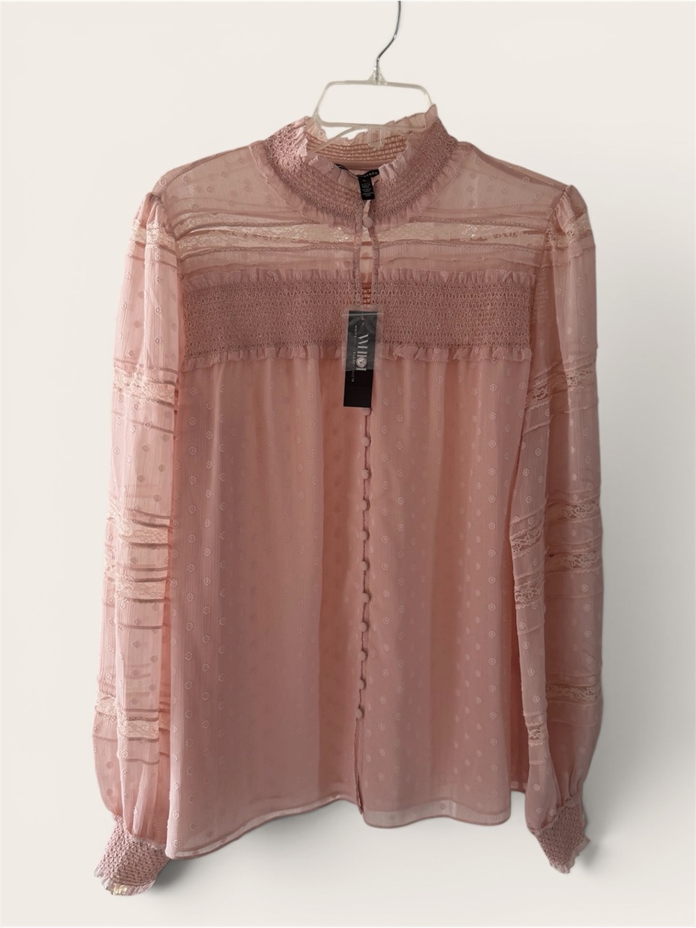 Women's Blush Pink Lace-Detail High-Neck Blouse